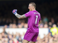 Jordan Pickford #1 (GK) of Everton F.C. celebrates at full time during the Premier League match between Everton and Crystal Palace at Goodis...