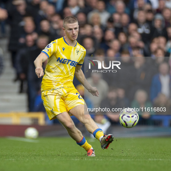 Adam Wharton #20 of Crystal Palace F.C. is in action during the Premier League match between Everton and Crystal Palace at Goodison Park in...