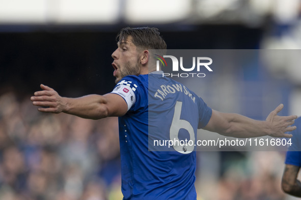 James Tarkowski #6 of Everton F.C. gesticulates during the Premier League match between Everton and Crystal Palace at Goodison Park in Liver...