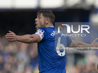 James Tarkowski #6 of Everton F.C. gesticulates during the Premier League match between Everton and Crystal Palace at Goodison Park in Liver...