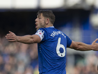 James Tarkowski #6 of Everton F.C. gesticulates during the Premier League match between Everton and Crystal Palace at Goodison Park in Liver...