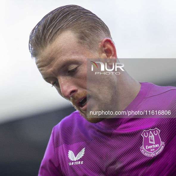 Jordan Pickford #1 (GK) of Everton F.C. during the Premier League match between Everton and Crystal Palace at Goodison Park in Liverpool, En...