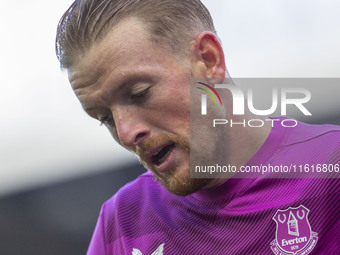 Jordan Pickford #1 (GK) of Everton F.C. during the Premier League match between Everton and Crystal Palace at Goodison Park in Liverpool, En...