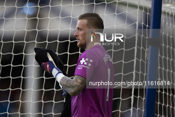 Jordan Pickford #1 (GK) of Everton F.C. during the Premier League match between Everton and Crystal Palace at Goodison Park in Liverpool, En...