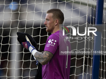 Jordan Pickford #1 (GK) of Everton F.C. during the Premier League match between Everton and Crystal Palace at Goodison Park in Liverpool, En...