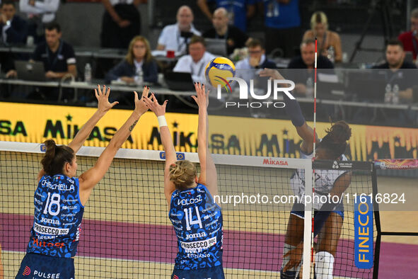 Myriam Sylla of Vero Volley Milano is in action during the Supercoppa Fineco Lega Volley Femminile between Prosecco Doc Imoco Conegliano and...