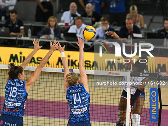 Myriam Sylla of Vero Volley Milano is in action during the Supercoppa Fineco Lega Volley Femminile between Prosecco Doc Imoco Conegliano and...