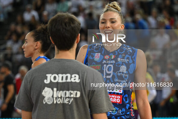 Sarah Fahr of Prosecco Doc Imoco Conegliano participates in the Supercoppa Fineco Lega Volley Femminile between Prosecco Doc Imoco Coneglian...