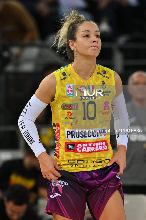 Monica De Gennaro of Prosecco Doc Imoco Conegliano participates in the Supercoppa Fineco Lega Volley Femminile between Prosecco Doc Imoco Co...