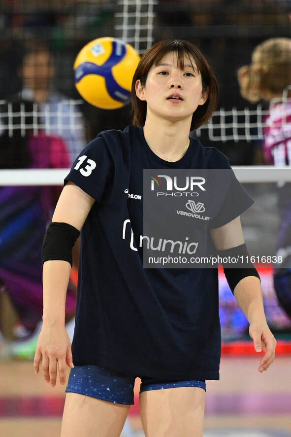 Satomi Fukudome of Vero Volley Milano participates in the Supercoppa Fineco Lega Volley Femminile between Prosecco Doc Imoco Conegliano and...