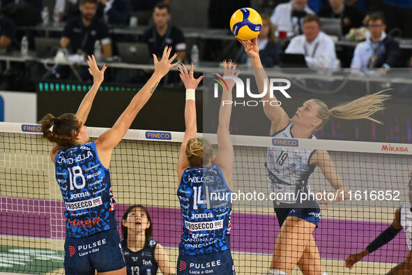 Helena Cazaute of Vero Volley Milano is in action during the Supercoppa Fineco Lega Volley Femminile between Prosecco Doc Imoco Conegliano a...