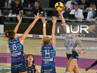 Helena Cazaute of Vero Volley Milano is in action during the Supercoppa Fineco Lega Volley Femminile between Prosecco Doc Imoco Conegliano a...