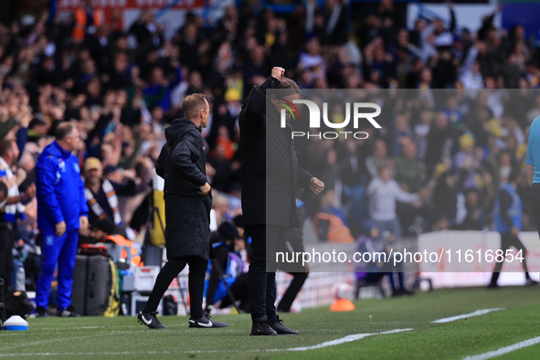 Daniel Farke, Leeds United manager, celebrates a goal from Jayden Bogle (Leeds United) during the Sky Bet Championship match between Leeds U...