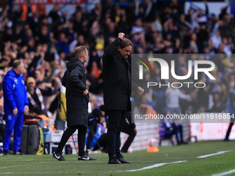 Daniel Farke, Leeds United manager, celebrates a goal from Jayden Bogle (Leeds United) during the Sky Bet Championship match between Leeds U...