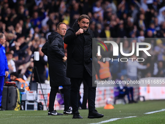 Daniel Farke, Leeds United manager, celebrates a goal from Jayden Bogle (Leeds United) during the Sky Bet Championship match between Leeds U...