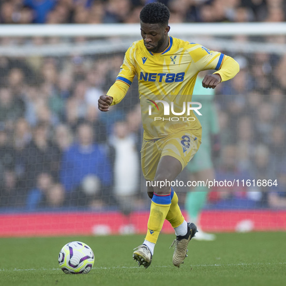 Jordan Ayew #9 of Crystal Palace F.C. is in action during the Premier League match between Everton and Crystal Palace at Goodison Park in Li...