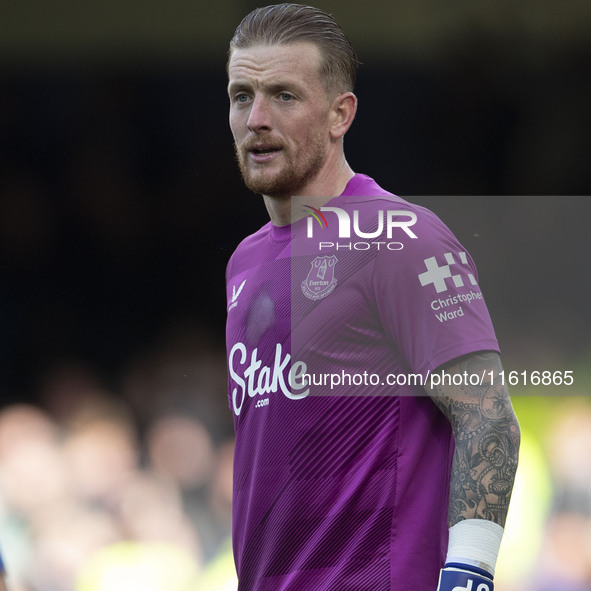 Jordan Pickford #1 (GK) of Everton F.C. during the Premier League match between Everton and Crystal Palace at Goodison Park in Liverpool, En...