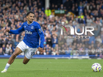 Iliman Ndiaye #10 of Everton F.C. is in action during the Premier League match between Everton and Crystal Palace at Goodison Park in Liverp...