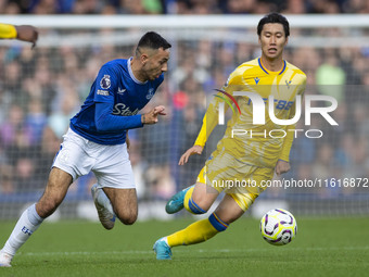 Dwight McNeil #7 of Everton F.C. is in action during the Premier League match between Everton and Crystal Palace at Goodison Park in Liverpo...