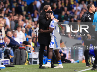 Daniel Farke, Leeds United manager, embraces Wilfried Gnonto (Leeds United) during the Sky Bet Championship match between Leeds United and C...