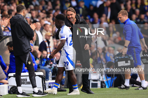 Daniel Farke, Leeds United manager, embraces Wilfried Gnonto (Leeds United) during the Sky Bet Championship match between Leeds United and C...