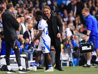 Daniel Farke, Leeds United manager, embraces Wilfried Gnonto (Leeds United) during the Sky Bet Championship match between Leeds United and C...