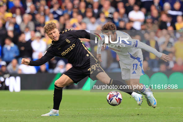 Victor Torp (Coventry City) battles with Brenden Aaronson (Leeds United) after the Sky Bet Championship match between Leeds United and Coven...