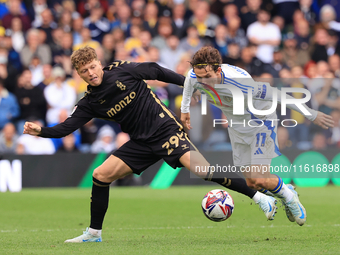 Victor Torp (Coventry City) battles with Brenden Aaronson (Leeds United) after the Sky Bet Championship match between Leeds United and Coven...