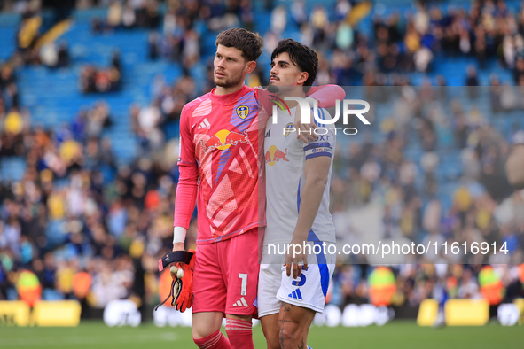 Illan Meslier (Leeds United) embraces Pascal Struijk (Leeds United) after the Sky Bet Championship match between Leeds United and Coventry C...