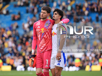 Illan Meslier (Leeds United) embraces Pascal Struijk (Leeds United) after the Sky Bet Championship match between Leeds United and Coventry C...