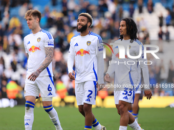 Jayden Bogle (Leeds United) stands flanked by Joe Rodon (Leeds United) and Isaac Schmidt (Leeds United) after the Sky Bet Championship match...