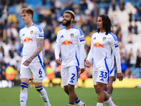 Jayden Bogle (Leeds United) stands flanked by Joe Rodon (Leeds United) and Isaac Schmidt (Leeds United) after the Sky Bet Championship match...