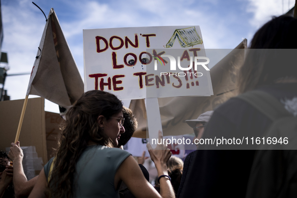 Thousands of people take to the streets in Lisbon, Portugal, on October 28, 2023, to demand better living conditions and lower housing price...