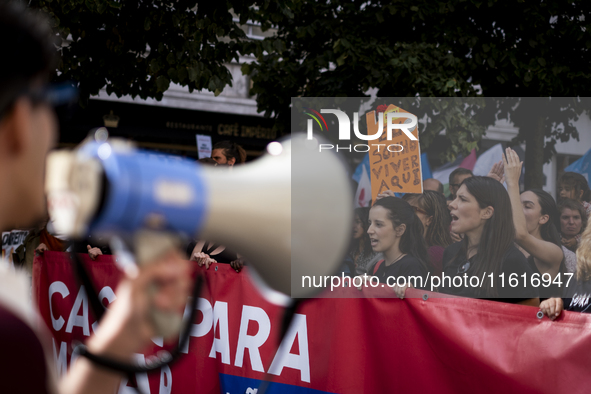 Thousands of people take to the streets in Lisbon, Portugal, on October 28, 2023, to demand better living conditions and lower housing price...