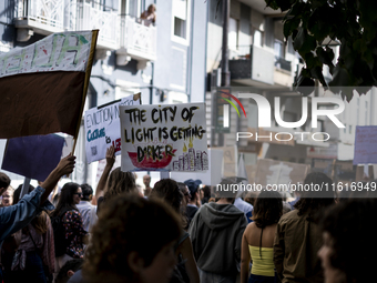 Thousands of people take to the streets in Lisbon, Portugal, on October 28, 2023, to demand better living conditions and lower housing price...