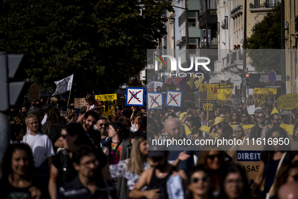 Thousands of people take to the streets in Lisbon, Portugal, on October 28, 2023, to demand better living conditions and lower housing price...