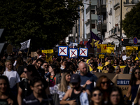 Thousands of people take to the streets in Lisbon, Portugal, on October 28, 2023, to demand better living conditions and lower housing price...