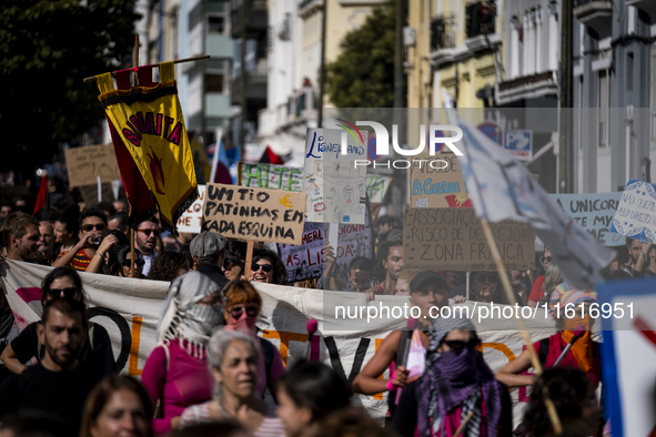 Thousands of people take to the streets in Lisbon, Portugal, on October 28, 2023, to demand better living conditions and lower housing price...