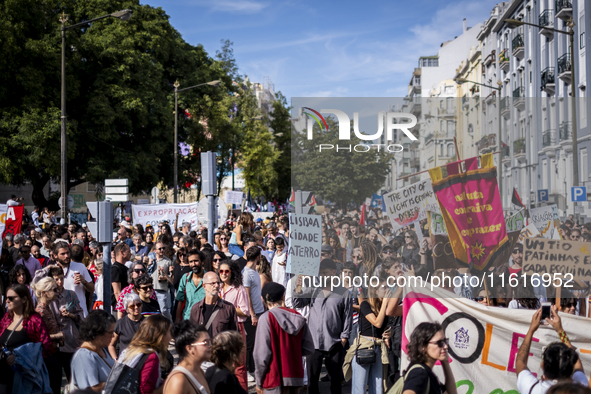 Thousands of people take to the streets in Lisbon, Portugal, on October 28, 2023, to demand better living conditions and lower housing price...