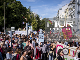 Thousands of people take to the streets in Lisbon, Portugal, on October 28, 2023, to demand better living conditions and lower housing price...