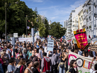 Thousands of people take to the streets in Lisbon, Portugal, on October 28, 2023, to demand better living conditions and lower housing price...