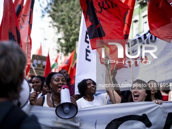 Thousands of people take to the streets in Lisbon, Portugal, on October 28, 2023, to demand better living conditions and lower housing price...