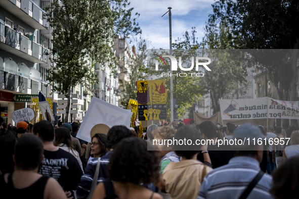 Thousands of people take to the streets in Lisbon, Portugal, on October 28, 2023, to demand better living conditions and lower housing price...