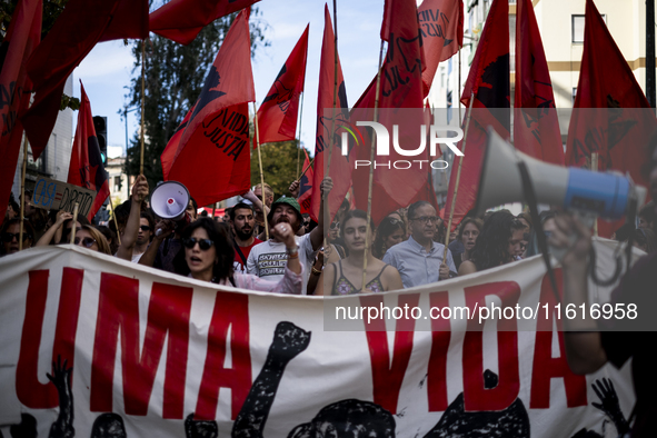 Thousands of people take to the streets in Lisbon, Portugal, on October 28, 2023, to demand better living conditions and lower housing price...