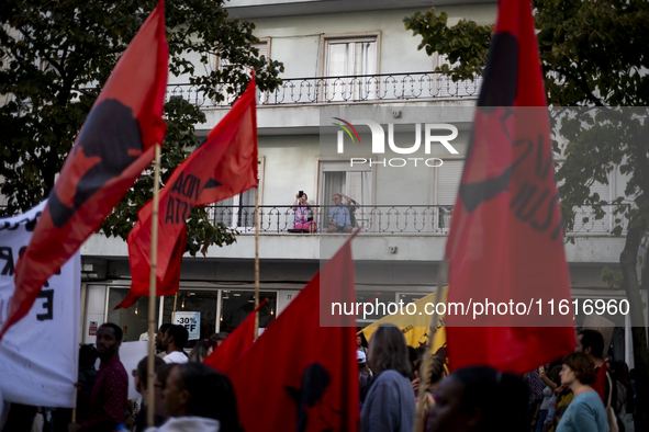 Thousands of people take to the streets in Lisbon, Portugal, on October 28, 2023, to demand better living conditions and lower housing price...