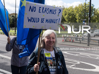 LONDON, UNITED KINGDOM - SEPTEMBER 28, 2024: Thousands of pro-EU demonstrators gather in central London ahead a march to Parliament Square c...