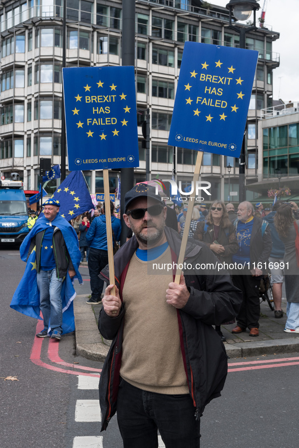 LONDON, UNITED KINGDOM - SEPTEMBER 28, 2024: Thousands of pro-EU demonstrators gather in central London ahead a march to Parliament Square c...