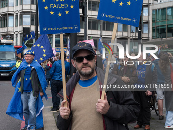 LONDON, UNITED KINGDOM - SEPTEMBER 28, 2024: Thousands of pro-EU demonstrators gather in central London ahead a march to Parliament Square c...