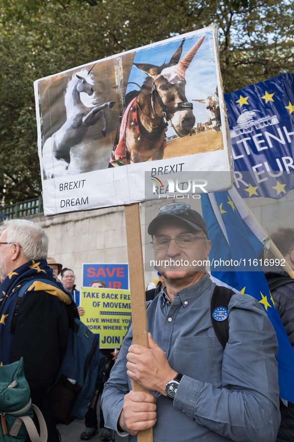 LONDON, UNITED KINGDOM - SEPTEMBER 28, 2024: Thousands of pro-EU demonstrators gather in central London ahead a march to Parliament Square c...