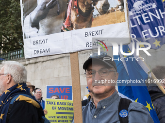 LONDON, UNITED KINGDOM - SEPTEMBER 28, 2024: Thousands of pro-EU demonstrators gather in central London ahead a march to Parliament Square c...